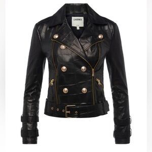 L’AGENCE Billie Black Croc Embossed Leather Double Breasted Moto Jacket